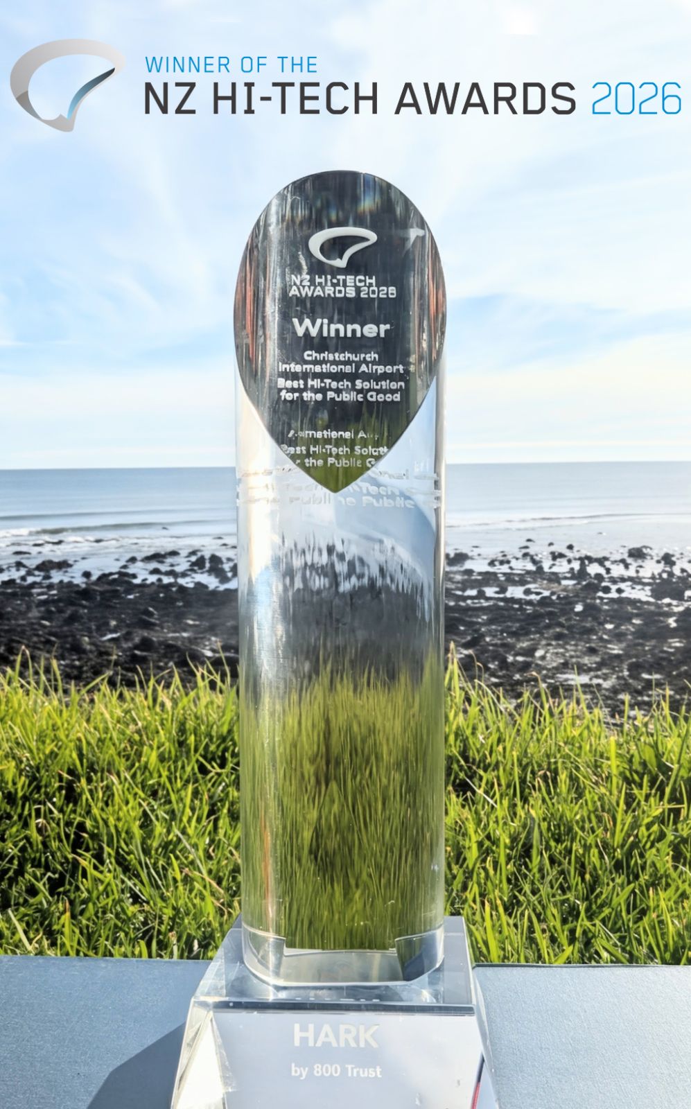 NZ Hi-Tech Awards 2026 trophy engraved Hark by 800 Trust