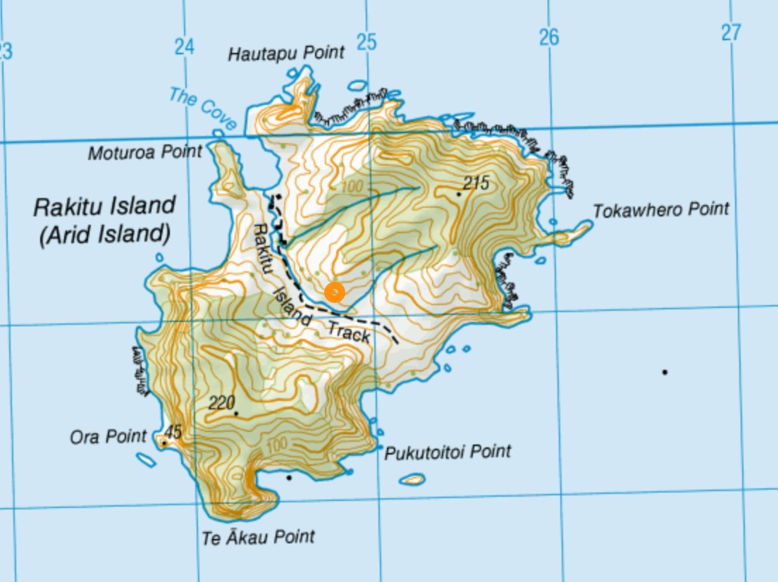 Topographic map of Rakitu Island showing the Rakitu Island Track